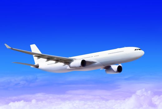 white passenger plane in the blue sky landing away