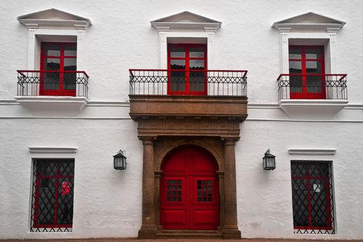 A red and white colonial building in Popayan, Colombia.