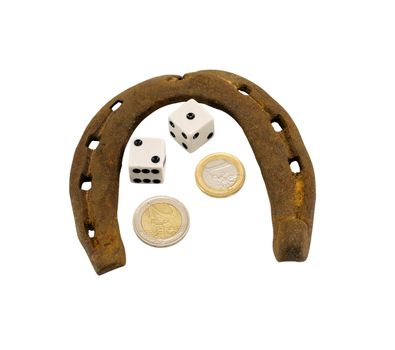 Concept retro horseshoe gamble dice and euro coins isolated on white