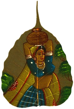 Peepal Leaf hand-painted depicting young woman with pot on head