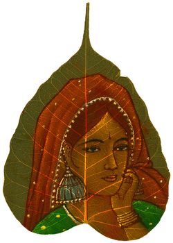 Peepal Leaf hand-painted depicting young woman with veil and earrings