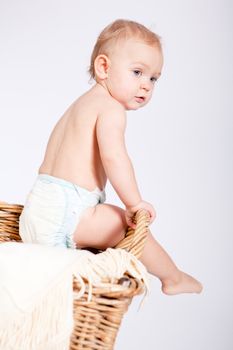 cute little baby infant in basket with white teddy bear