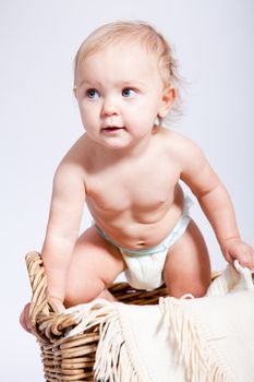 cute little baby infant in basket with white teddy bear