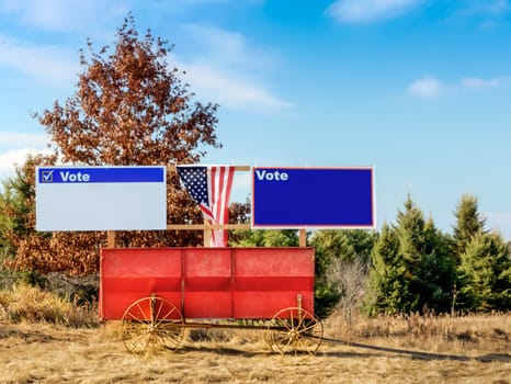 Blank Campaign Signs on Old Fashioned Hay Wagon in Rural America