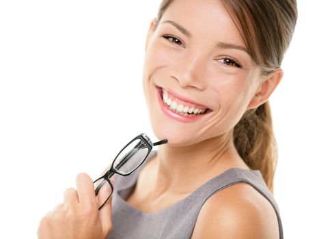 Young asian business woman portrait. Young professional woman smiling looking at camera holding eyewear glasses. Beautiful young mixed race Asian Chinese / Caucasian businesswoman isolated on white background.