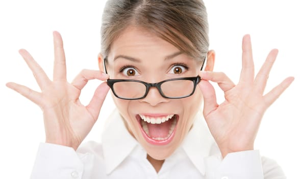 Funny portrait of excited asian woman wearing glasses eyewear. Closeup portrait of young professional business woman making funny face expression isolated on white background. Beautiful young mixed race asian chinese / caucasian model.