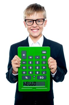 New way to greet hello. School boy holding calculator upside down.