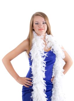 woman in her blue dress with her white feathered boa around her with a smile on her face