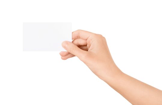 Woman holding blank business card in hand. Isolated on white.