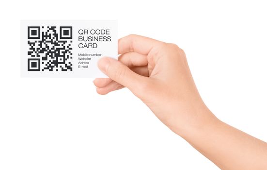 Female hand showing business card with QR code information. Isolated on white.