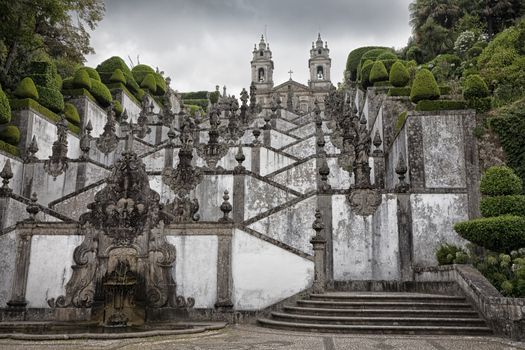Bom Jesus � Braga, Portugal was designed by Carlos Amarante. Building was begun in 1722 under the archbishop of Braga. The stairway pays homage to the five senses and the three virtues.