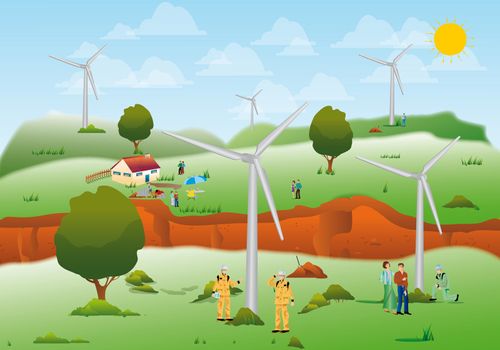 illustration of several windmill installed in a meadow for an ecological and renewable electric power
