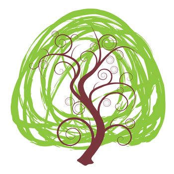 Eco icon with scribble tree and green leaves and brown trunk