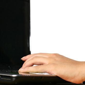 girl hand fingers press buttons on laptop