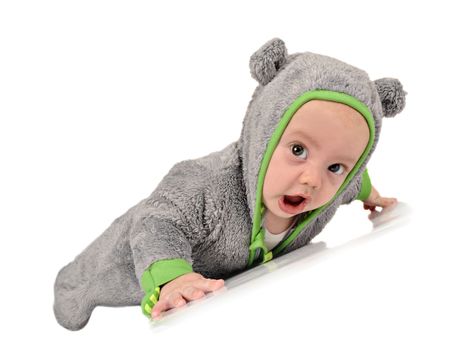 Cute six month old baby boy on white background