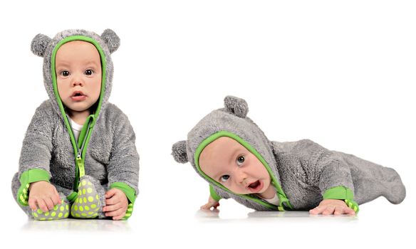 Six month old twin brothers on a white background