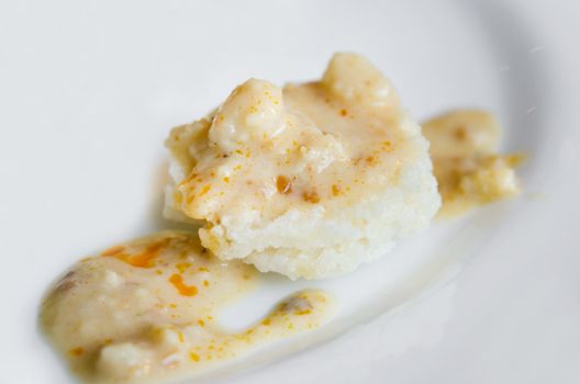 Crispy rice cake and  dipping ( rice fried and shrimp sauce  on top),
