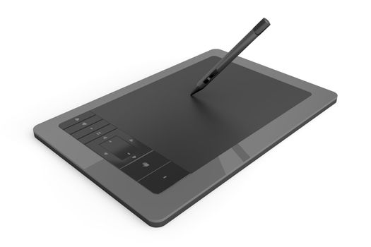 Black graphic tablet with pen on white background