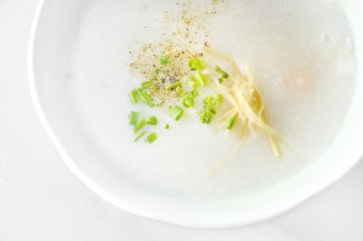 Rice gruel with egg close up, Healthy eating 