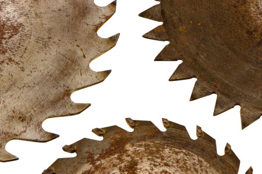 three circular saw disks parts with different blades closeup isolated on white bakcgound