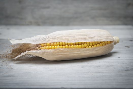 Dried corn ear on an old wooden background