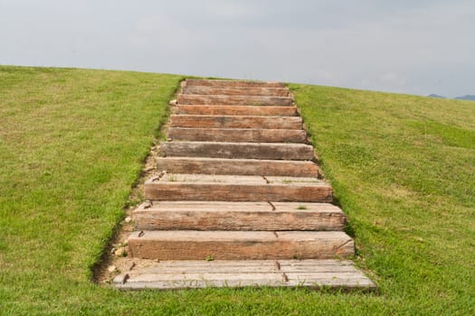 Stone steps on green grass into the sky.