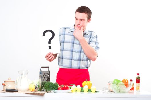 Chef holding a plate with an inscription question  mark