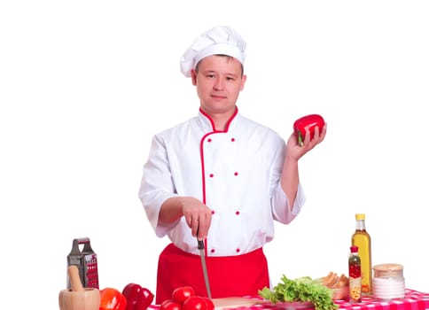 Handsome man cooking in the kitchen, white background