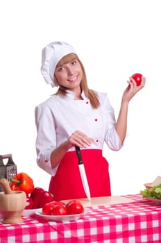 attractive woman cuts vegetables, cooking dinner, white background