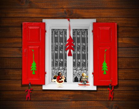 Window with red shutters and Christmas decorations on wooden wall

