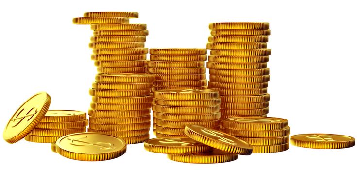 Stacks of golden dollar coins on white background