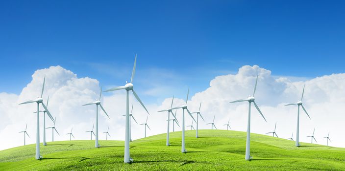 Alternative energy. Concept. Group of energy-producing windmills