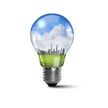 Illustration of an electric light bulb with clean and safe nature inside it Conceptual illustration