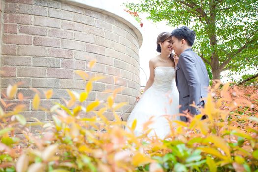 Portrait of Happy Romantic Newlyweds Couples kissing for wedding background