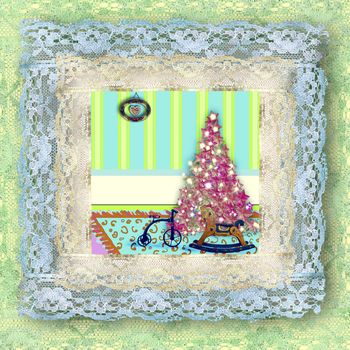 Greeting old lace picture of Christmas tree and vintage toys