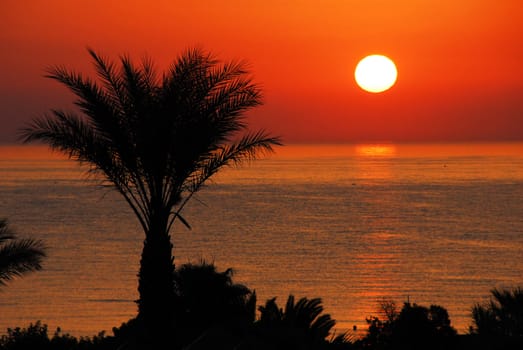 gorgeous  sunrise over tranquil sea water and orange sky in Tunisia