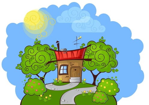 background the path to a cartoon house with the cat on the roof surrounded by trees