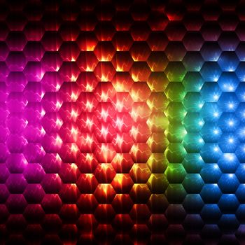 abstract rainbow colorful background with hexagons and shining lights