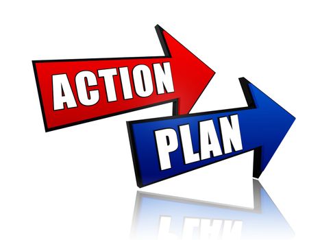 action and plan - words in 3d colorful arrows with text