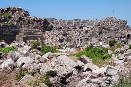 The ruins of the ancient amphitheater in Side, Turkey