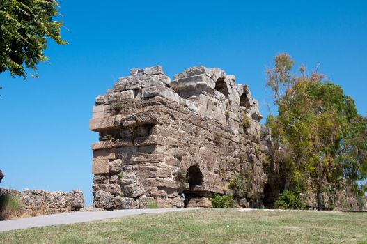 The ruins of the ancient city wall in Side, Turkey