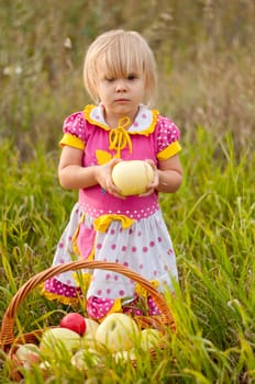 Little girl with a basket of fresh apples