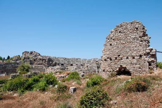 The ruins of the ancient amphitheater in Side, Turkey