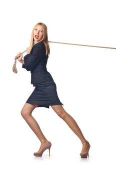 Woman pulling rope on white