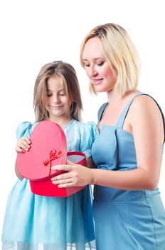 Happy mom and daughter on white