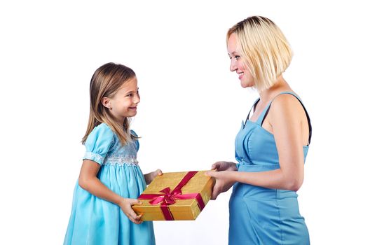 Happy mom and daughter on white