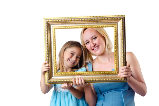 Happy mom and daughter on white