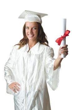 Young student with diploma on white