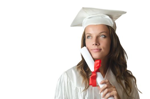 Young student with diploma on white