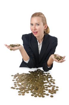 Woman with lots of coins on white